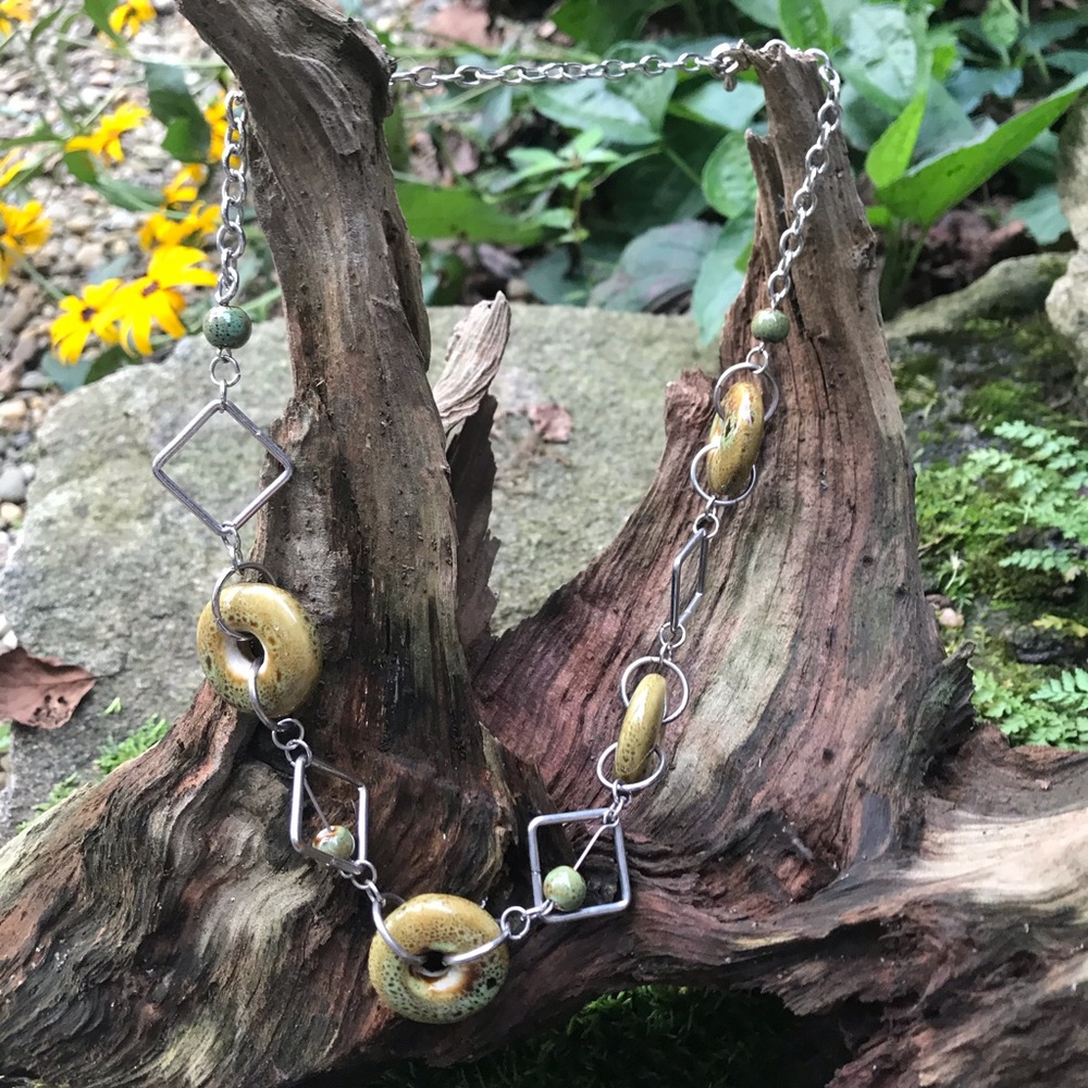 Silver Chain Necklace with Glazed Pottery Beads